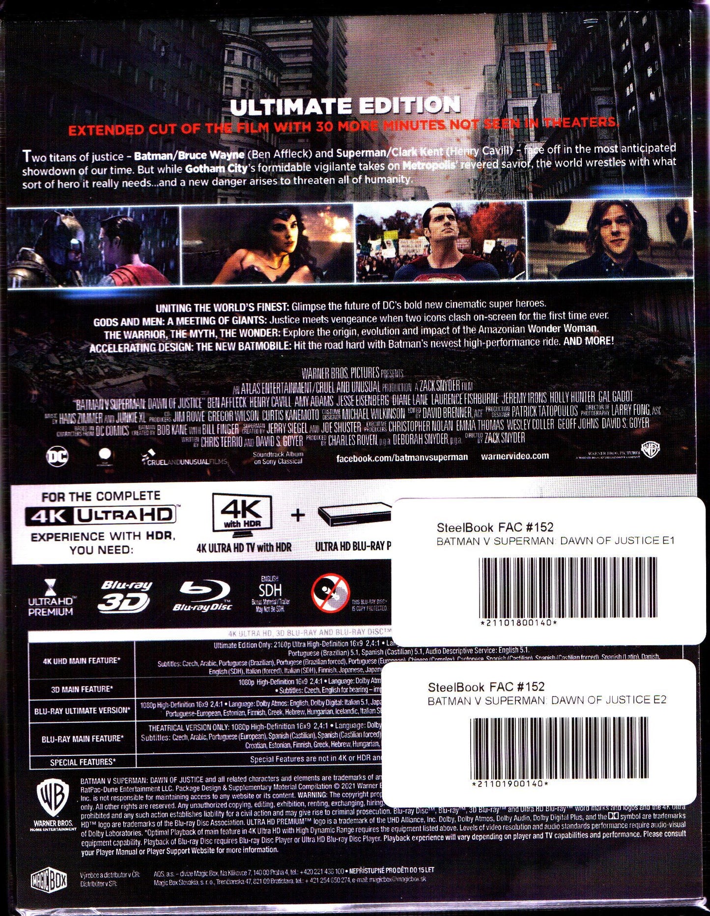 Batman v Superman: Dawn of Justice 3D & 4K - Extended Cut XL 1-Click SteelBook (FAC#152)(EMPTY)(Czech)(Slip Box)
