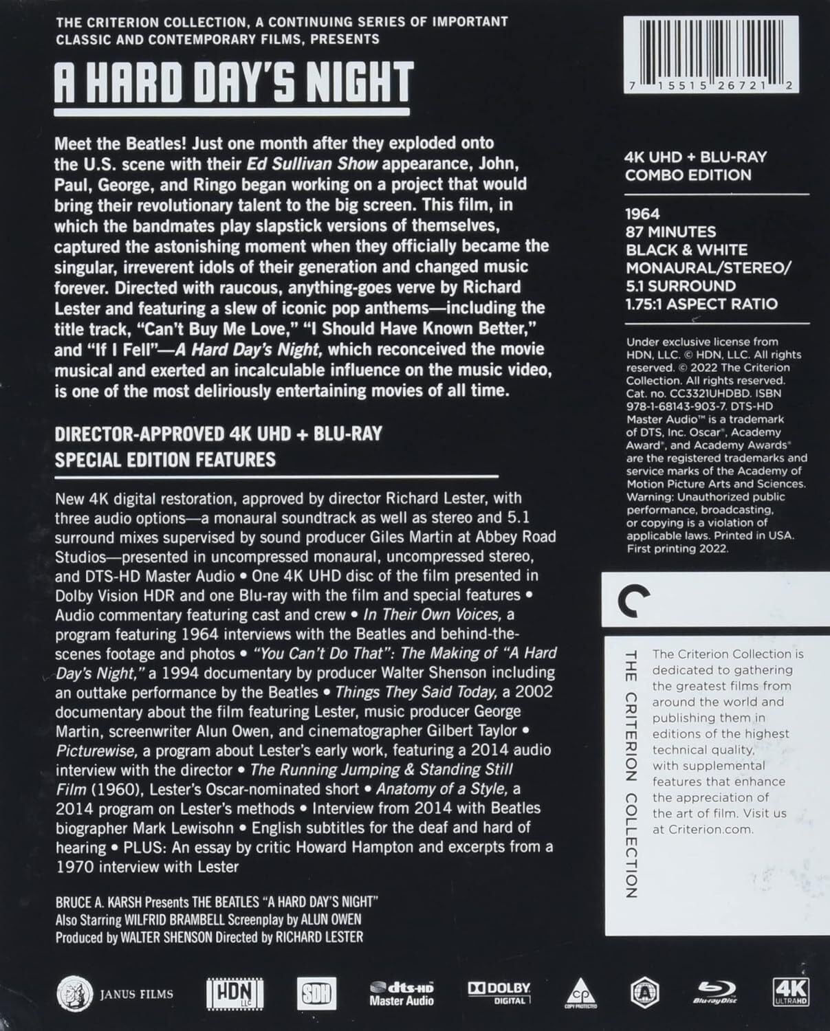 The Beatles: A Hard Day's Night 4K - Criterion Collection DigiPack