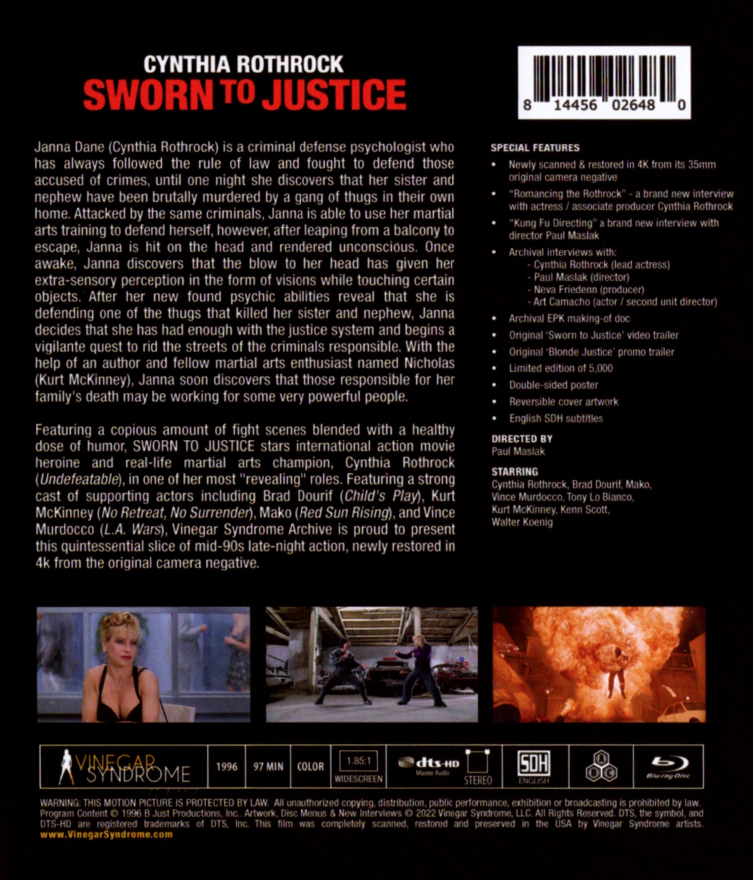 Sworn To Justice (Blu-ray, 1996) newest NEW-Vinegar Syndrome-Cynthia Rothrock-Free S&H