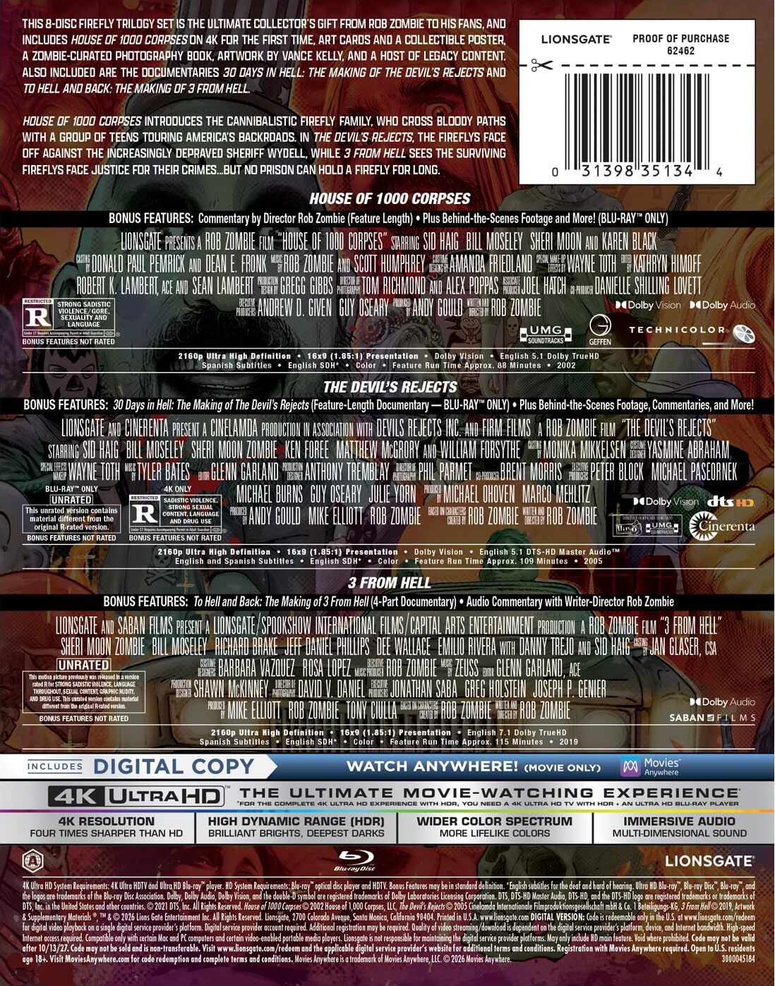 [Pre-Order] Rob Zombie's Firefly Trilogy 4K DigiPack: House of 1000 Corpses / The Devil's Rejects / 3 From Hell