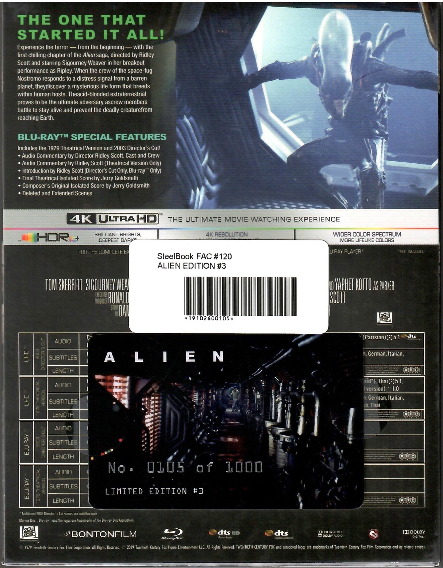 Alien 4K XL Embossed Full Slip SteelBook (1979)(FAC#120)(Czech)