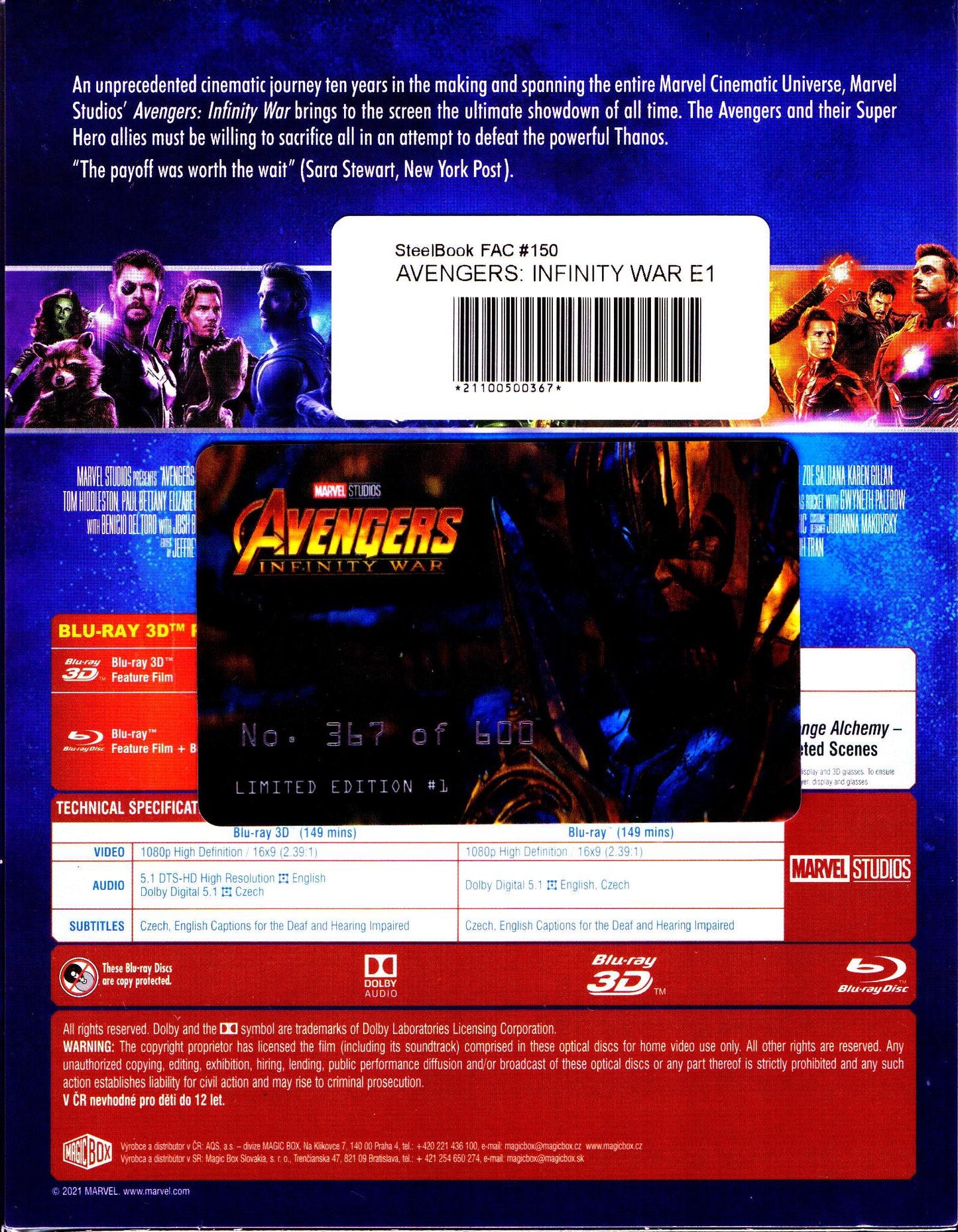 Avengers: Infinity War 3D XL Full Slip SteelBook + Lenticular Magnet (FAC#150)(Czech)