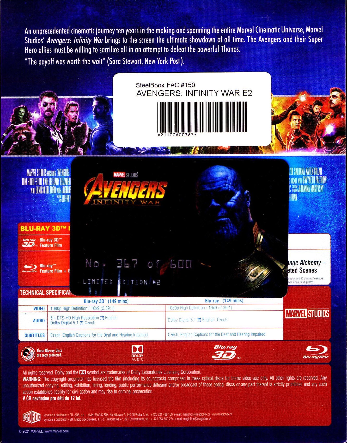 Avengers: Infinity War 3D XL 1-Click SteelBook (FAC#150)(Czech)