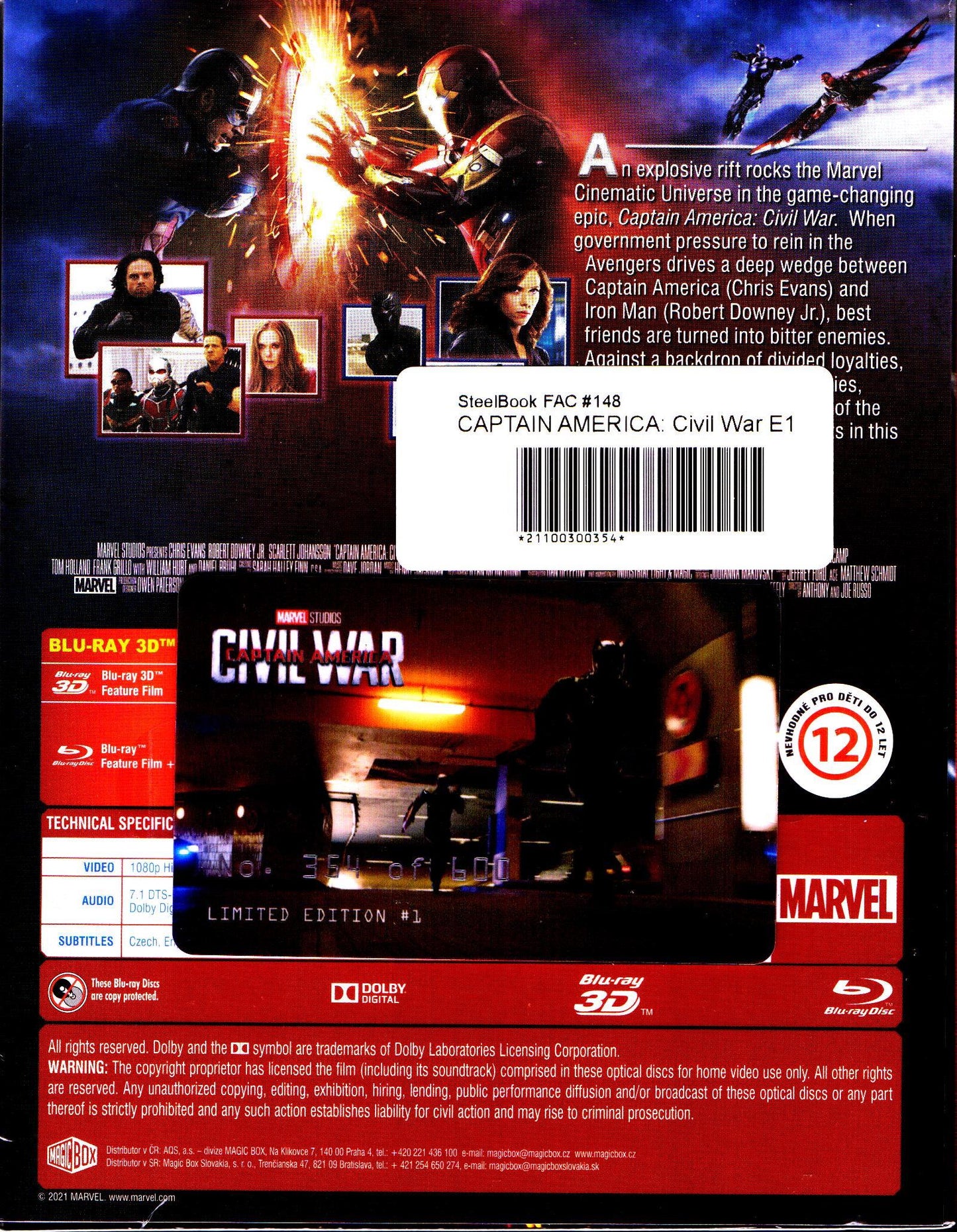 Captain America: Civil War 3D Full Slip SteelBook + Lenticular Magnet (FAC#148)(Czech)