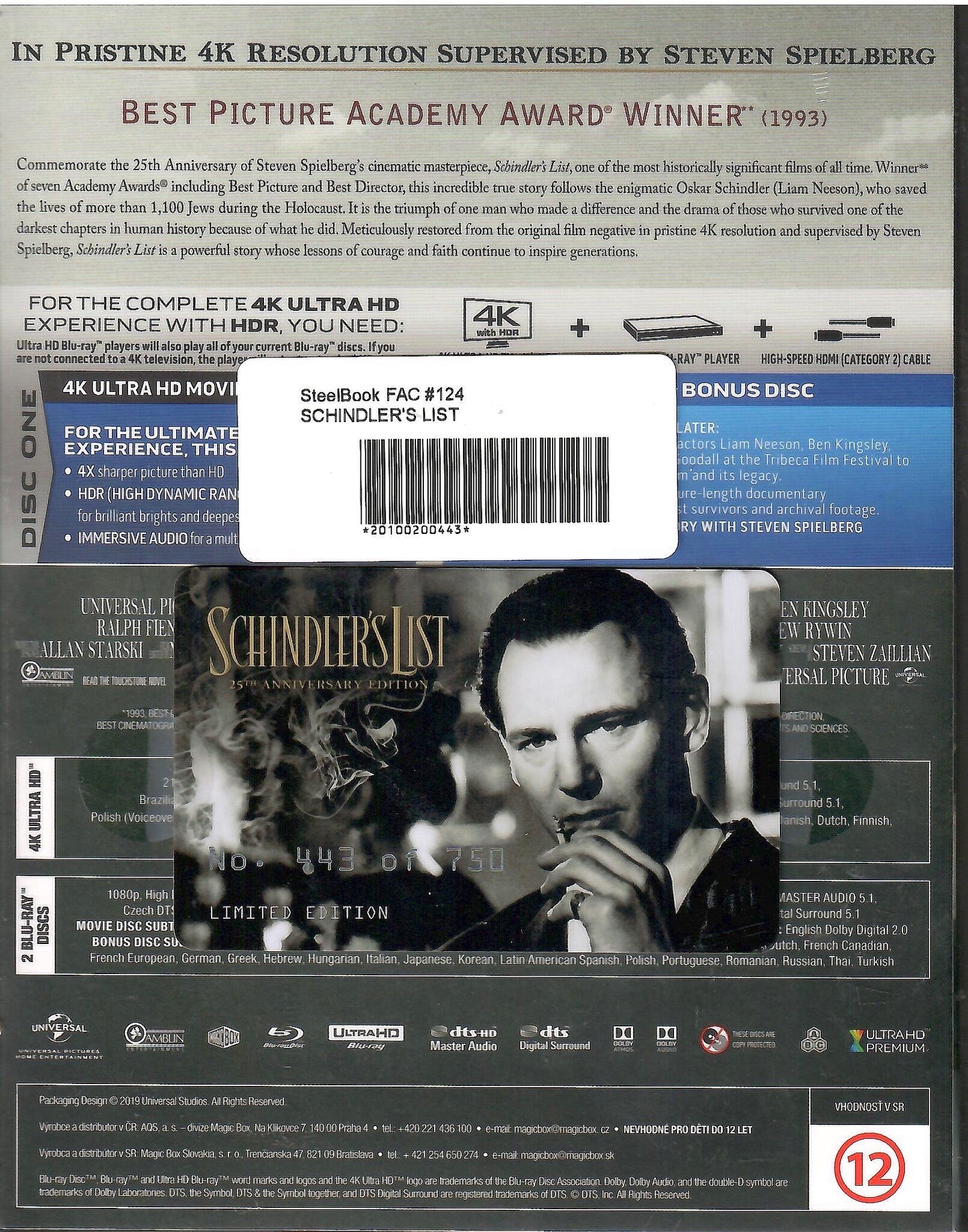 Schindler's List 4K XL Lenticular SteelBook + Lenticular Magnet (FAC#124)(Czech)