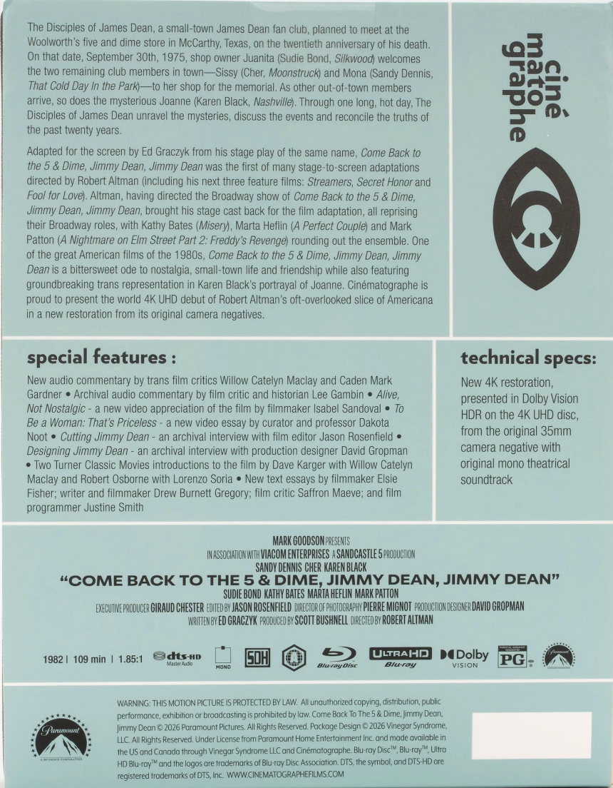 Come Back to the 5 and Dime, Jimmy Dean, Jimmy Dean 4K: Limited Edition DigiBook (CIN-033)(Exclusive)