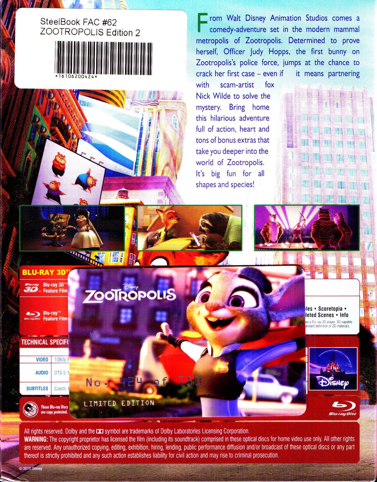 Zootopia 3D Lenticular SteelBook (Zootropolis)(FAC#62)(Czech)